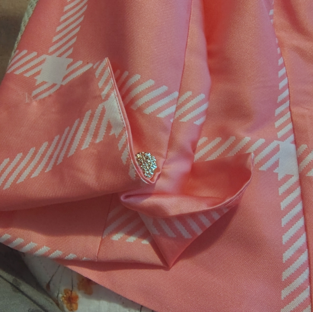 Women's Coral Plaid Double-Breasted Blazer - Picture 4 of 6